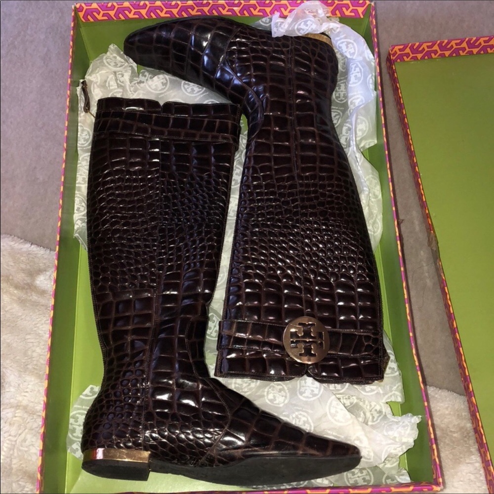 Tory Burch Uma Brown Croc Boots